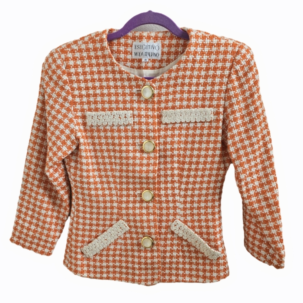 Vintage Esecutivo Moda Italiano Houndstooth Orange/White Blazer